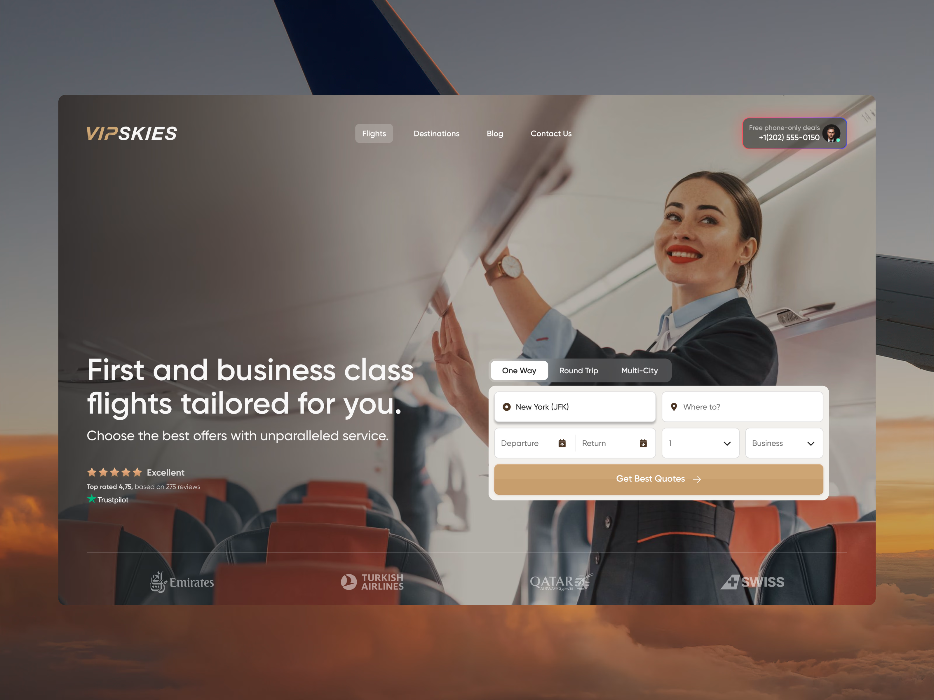 Luxury private-flight booking concept with cabin photography and a quote form